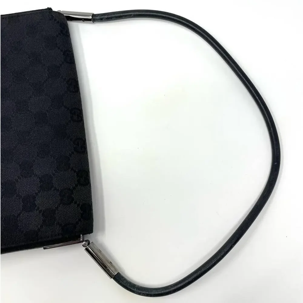 Gucci Vintage Monogram GG Flap Shoulder Bag Baguette Canvas Leather Black Silver - Picture 11 of 17